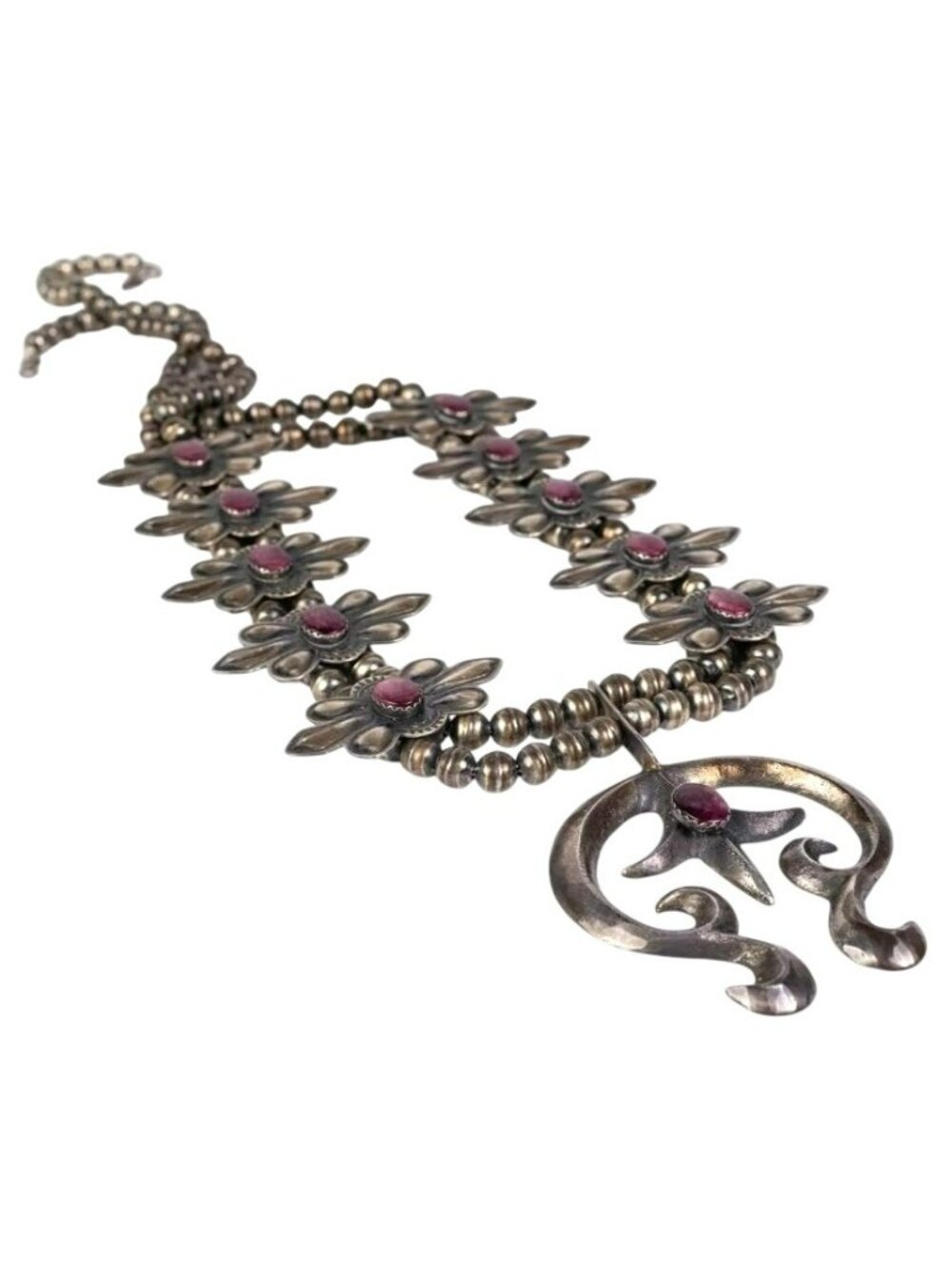 Navajo Squash Blossom Necklace Purple Spiny Oyster Sterling Robert Johnson SIGNE - Picture 2 of 11